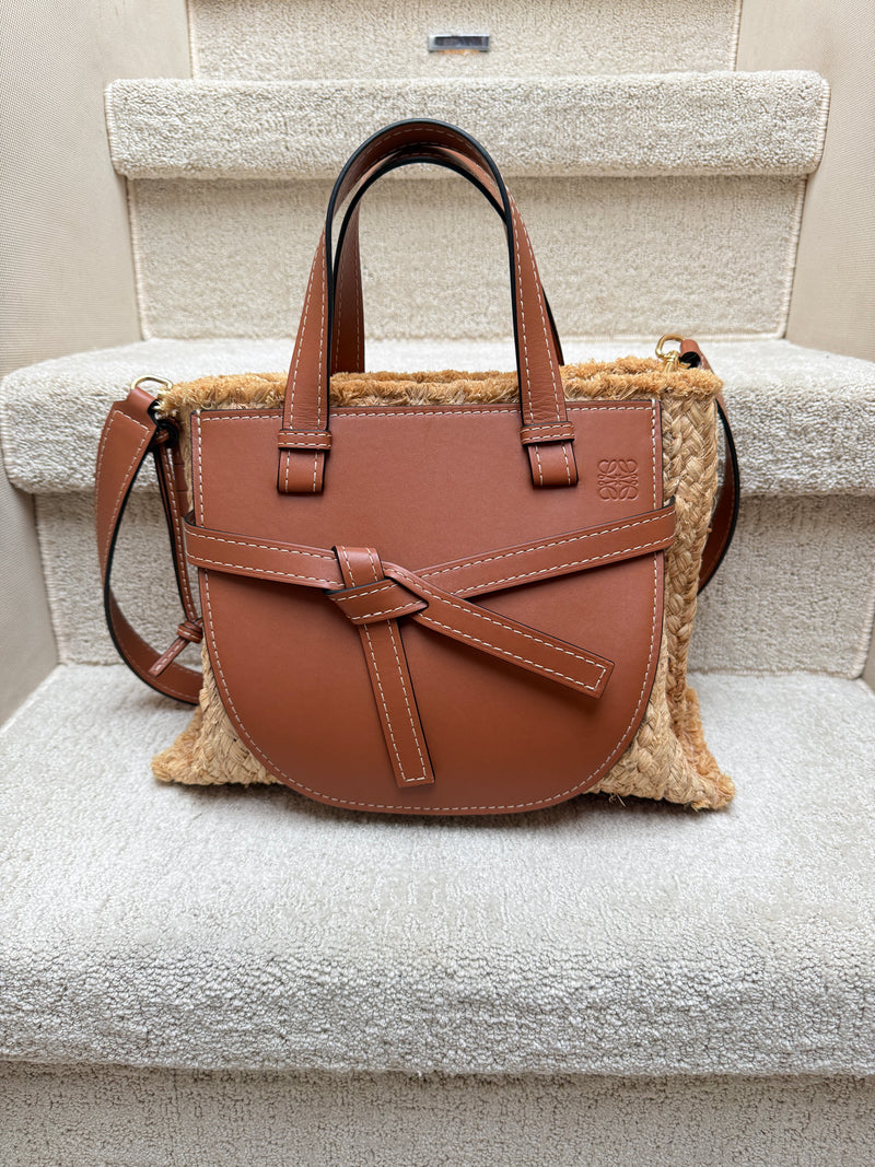 Loewe dual gate tote in raffia and brown leather preowned authentic from purseonalshopper