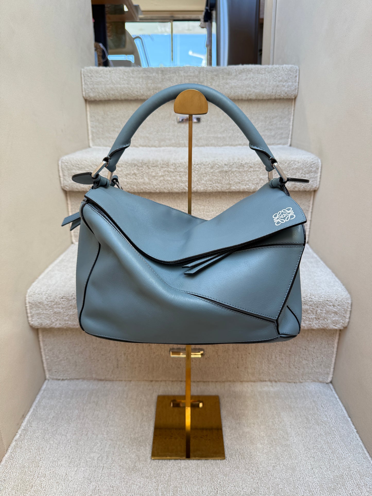 loewe puzzle bag in size medium in blue calfskin leather for sale preloved