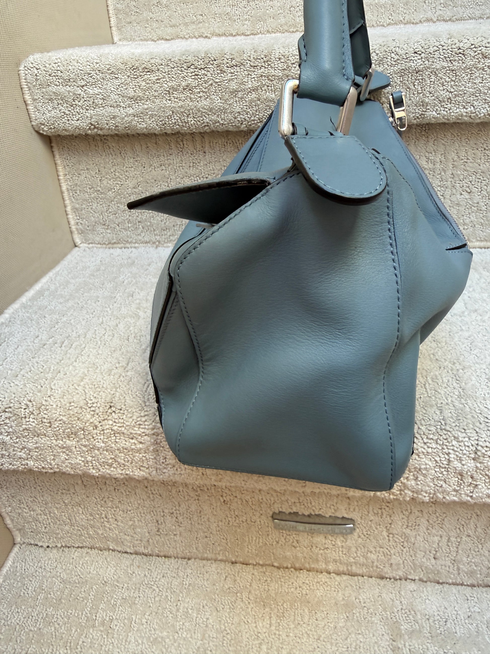 opposite side photo of loewe handbag blue-grey leather 