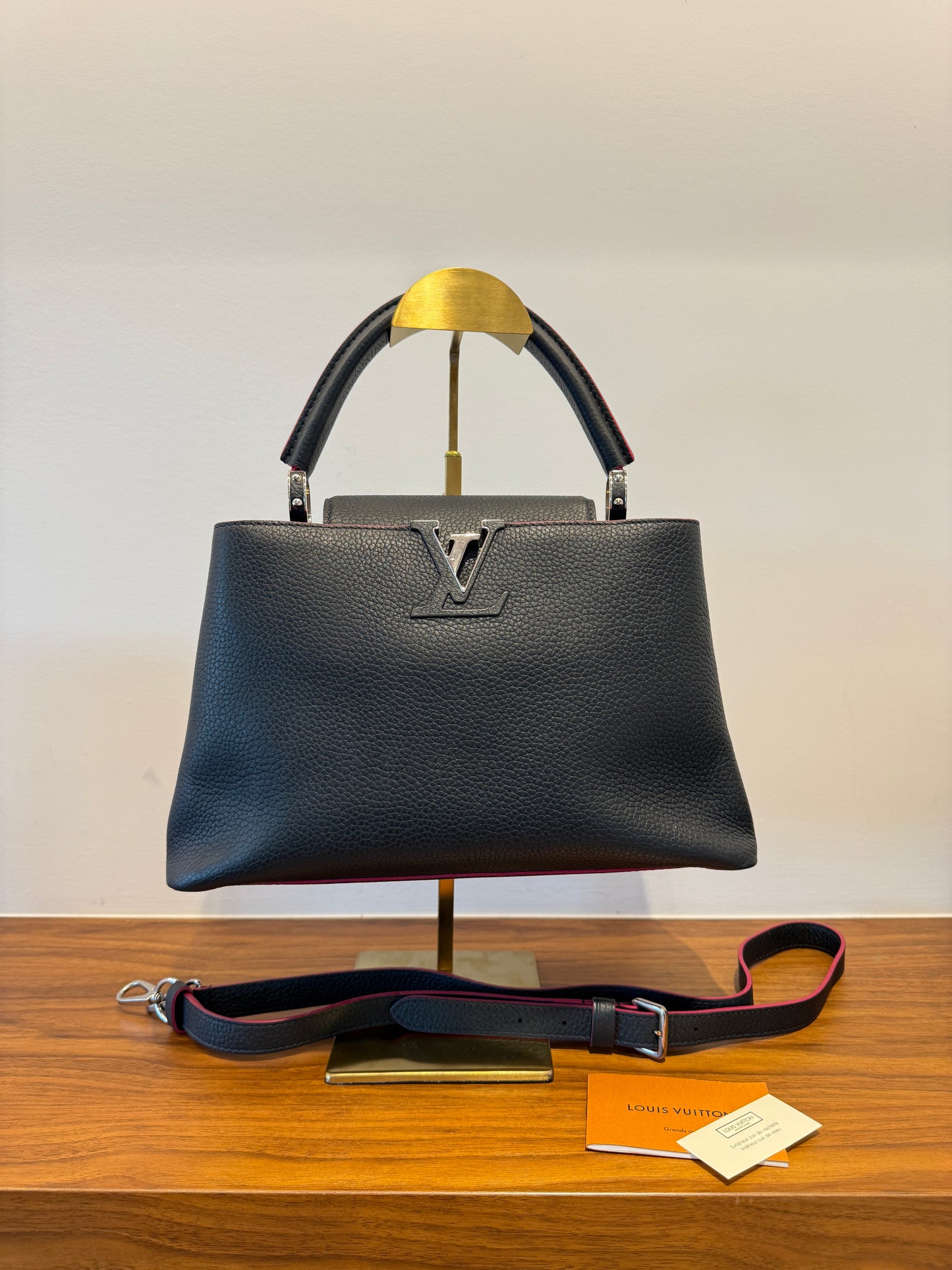 Louis Vuitton Taurillon Capucines PM in Dark Navy & Pink