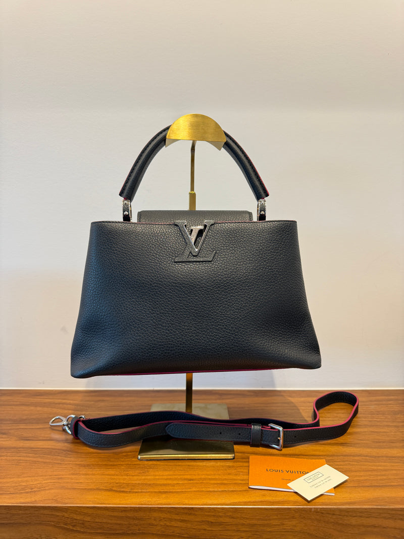 Louis Vuitton Taurillon Capucines PM in Dark Navy & Pink