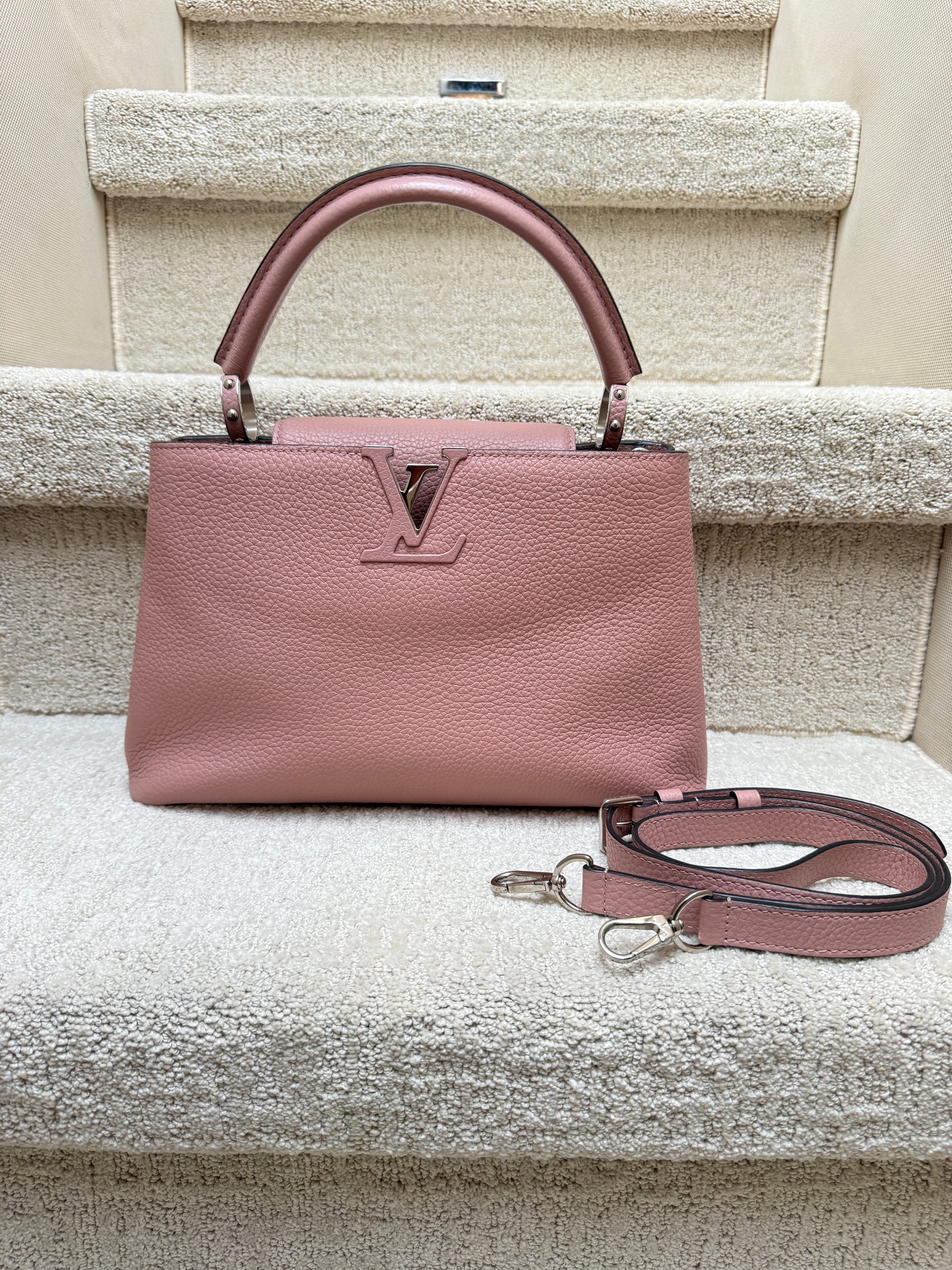 Louis Vuitton capucine rose pm full view with optional strap