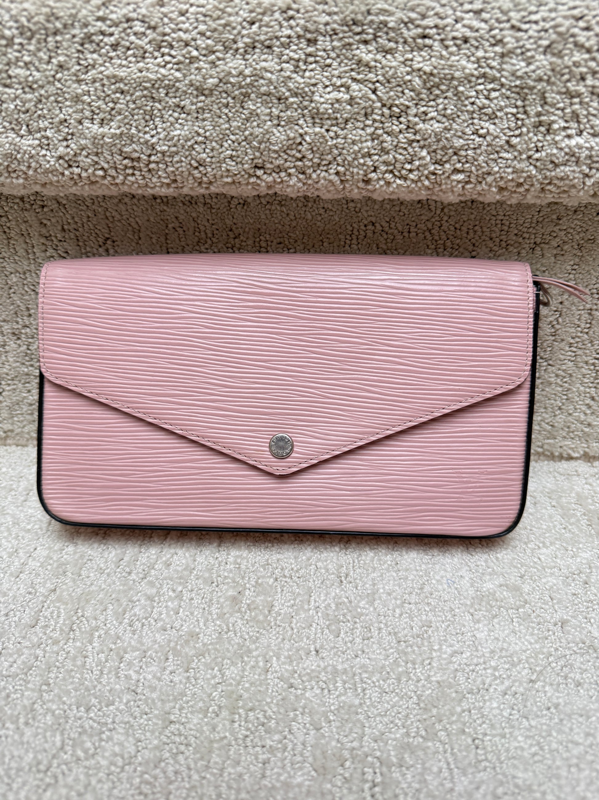 Louis Vuitton felicie pochette close up of pink epi leather authentic for sale from purseonalshopper
