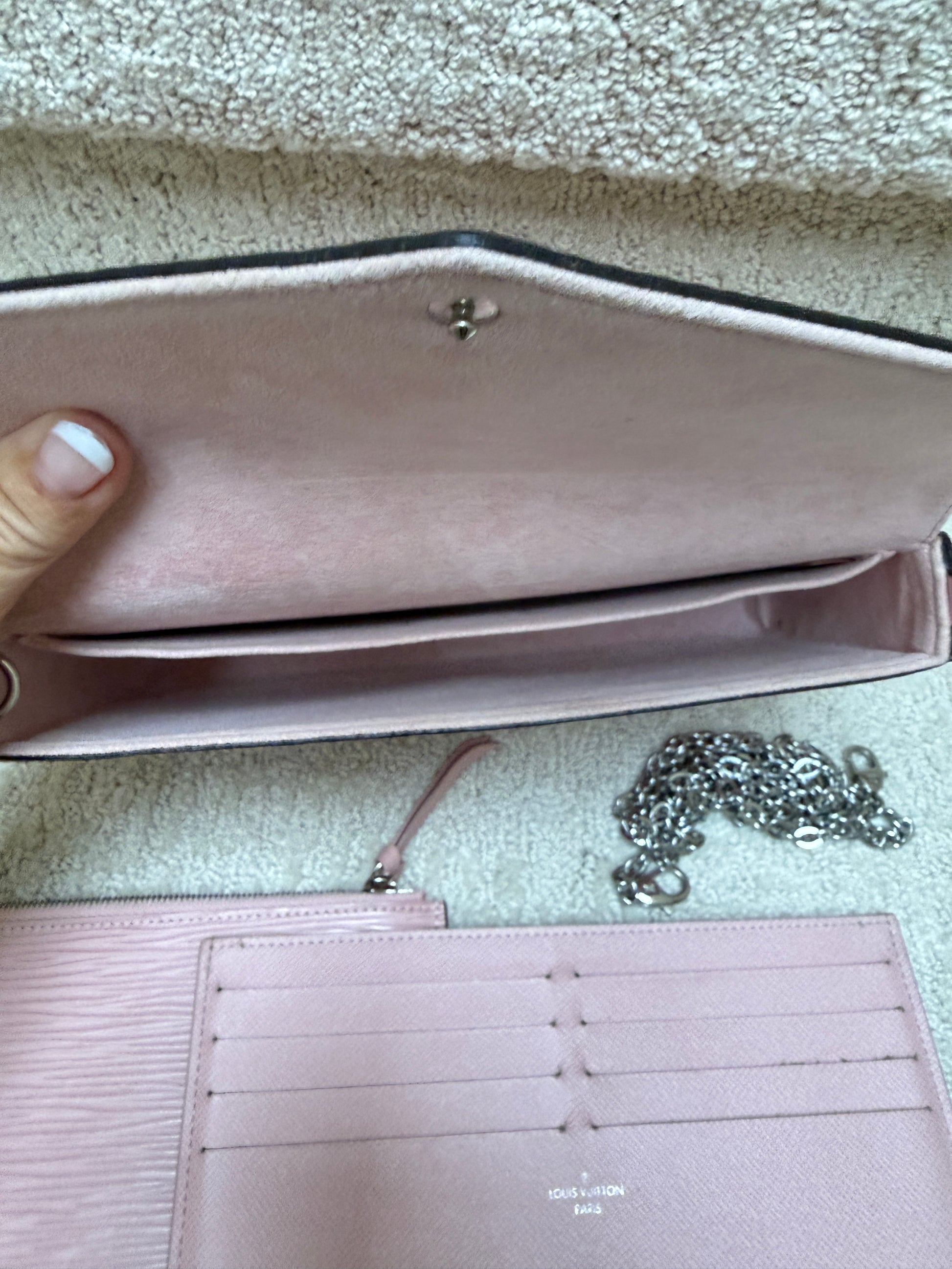 Interior photo of Louis vuitton pochette metis handbag in pink resale
