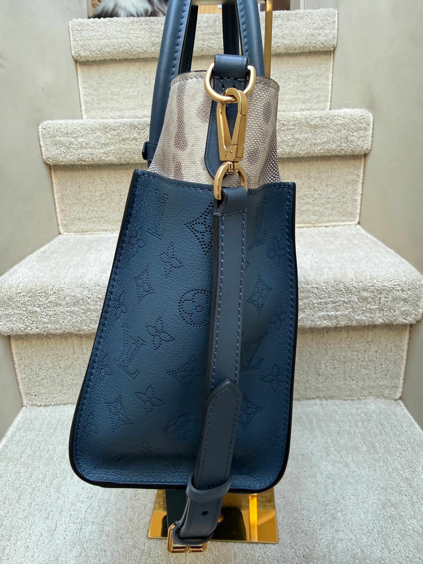 Louis Vuitton Calfskin Monogram On My Side MM in Navy with Python Trim