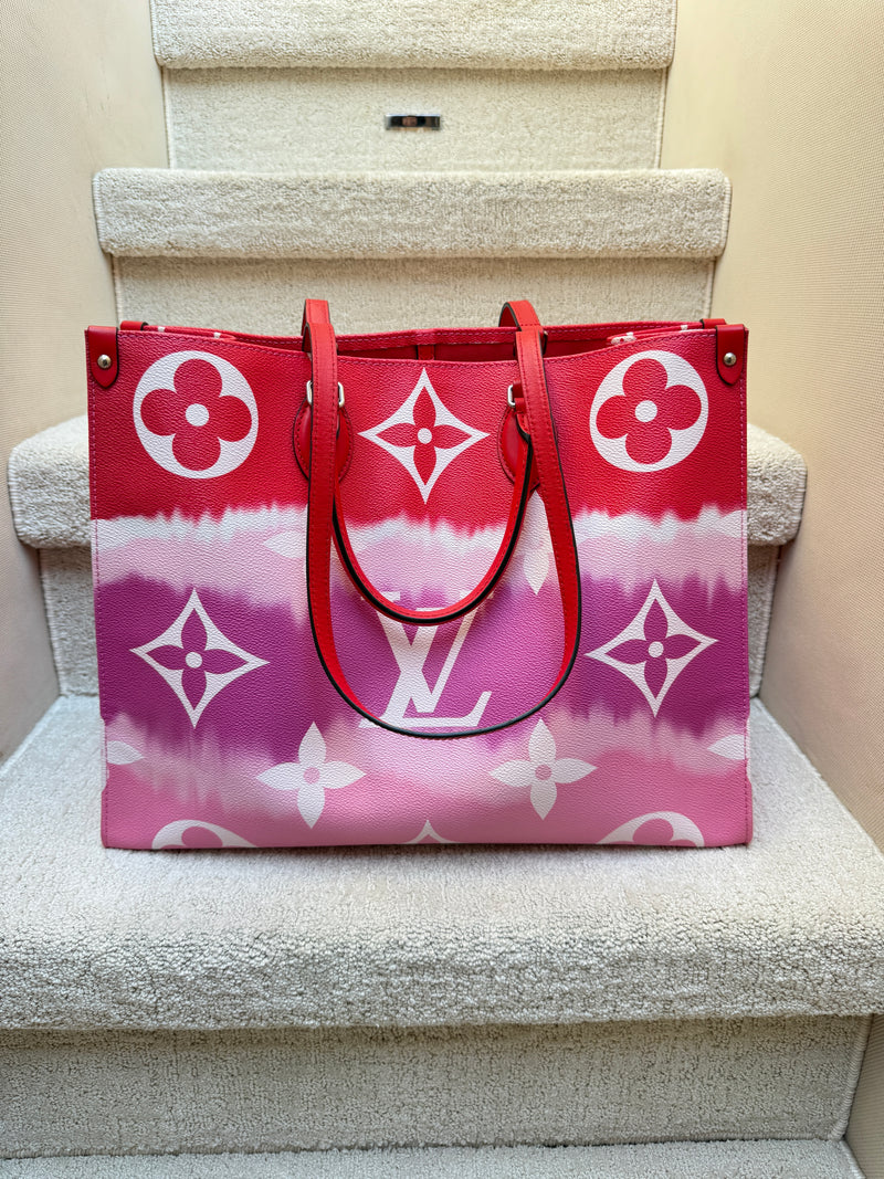 louis vuitton onthego gm size in red, pink and purple coated canvas with double handles authentic and preowned from purseonalshopper