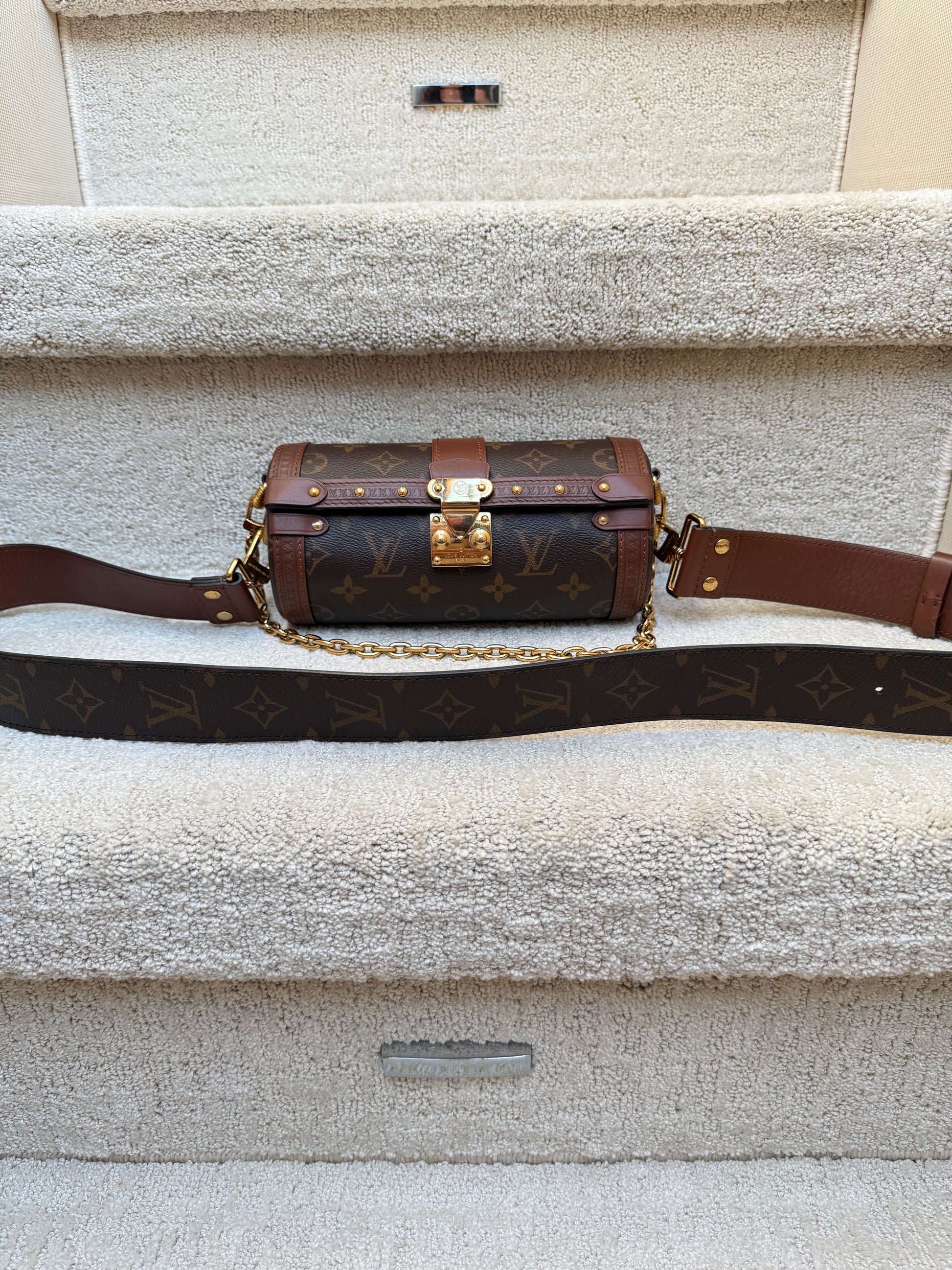 Louis Vuitton Papillion trunk handbag in monogram with brown leather brossbody strap and gold chain shoulder strap authentic and preowned from purseonalshopper