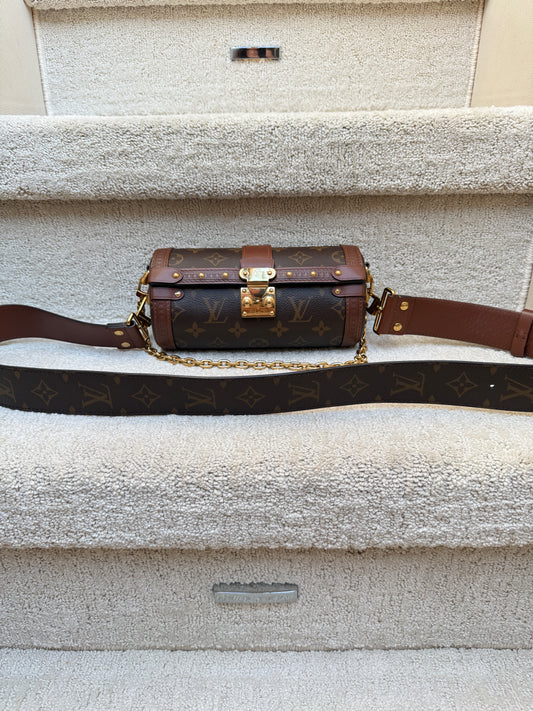 Louis Vuitton Papillion trunk handbag in monogram with brown leather brossbody strap and gold chain shoulder strap authentic and preowned from purseonalshopper