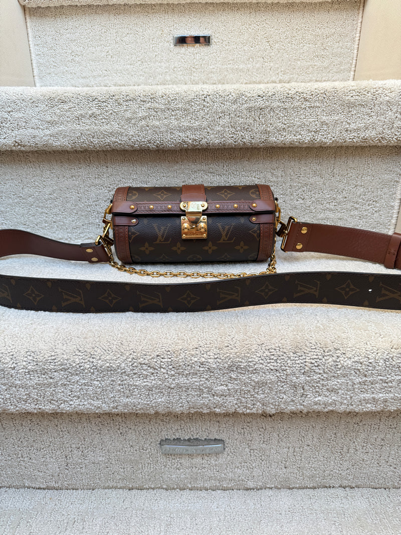 Louis Vuitton Papillion trunk handbag in monogram with brown leather brossbody strap and gold chain shoulder strap authentic and preowned from purseonalshopper