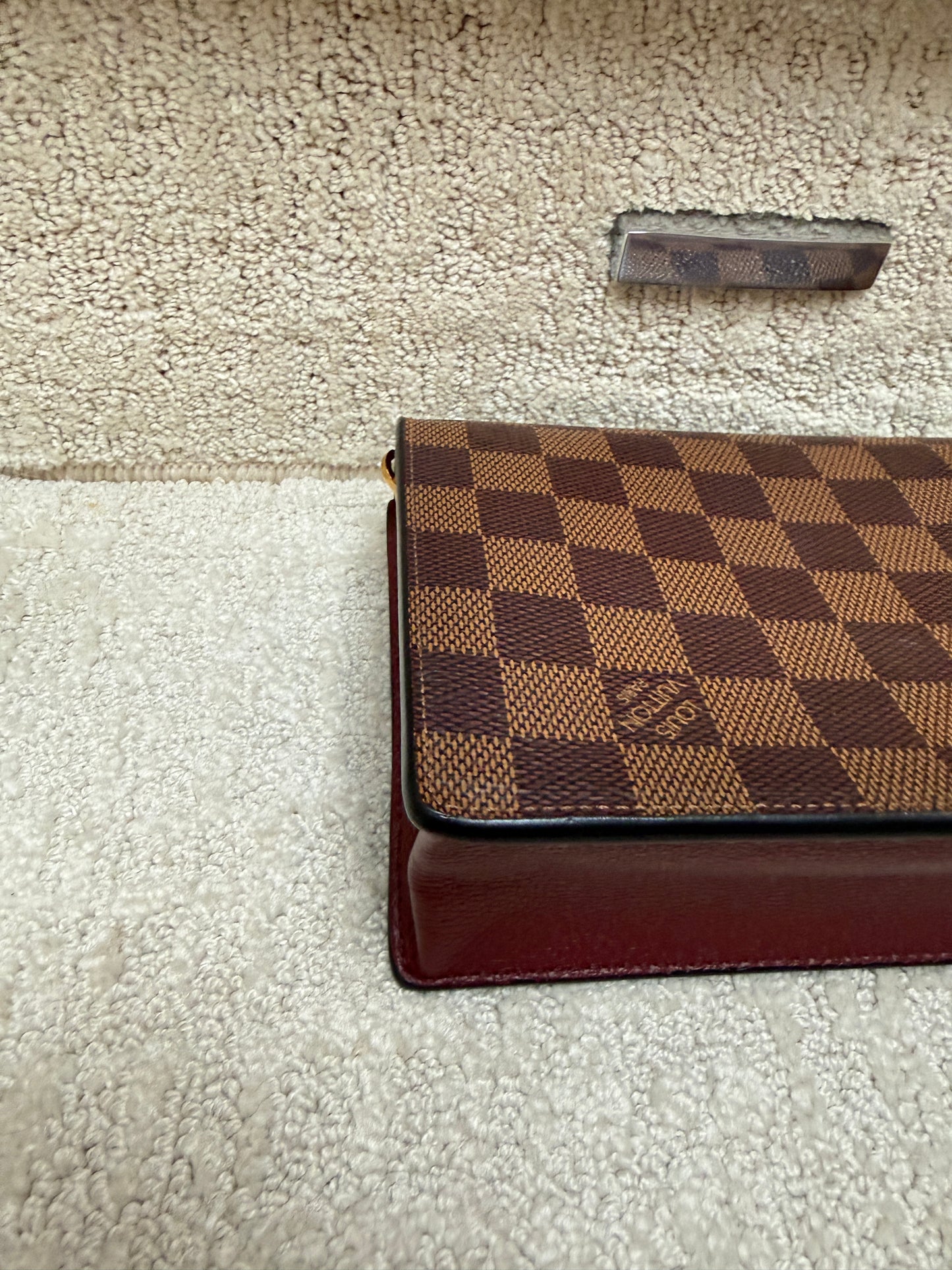 Louis Vuitton Damier Ebene Vavin Chain Wallet with Burgundy