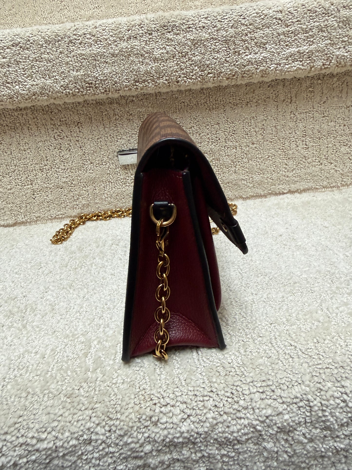 Louis Vuitton Damier Ebene Vavin Chain Wallet with Burgundy