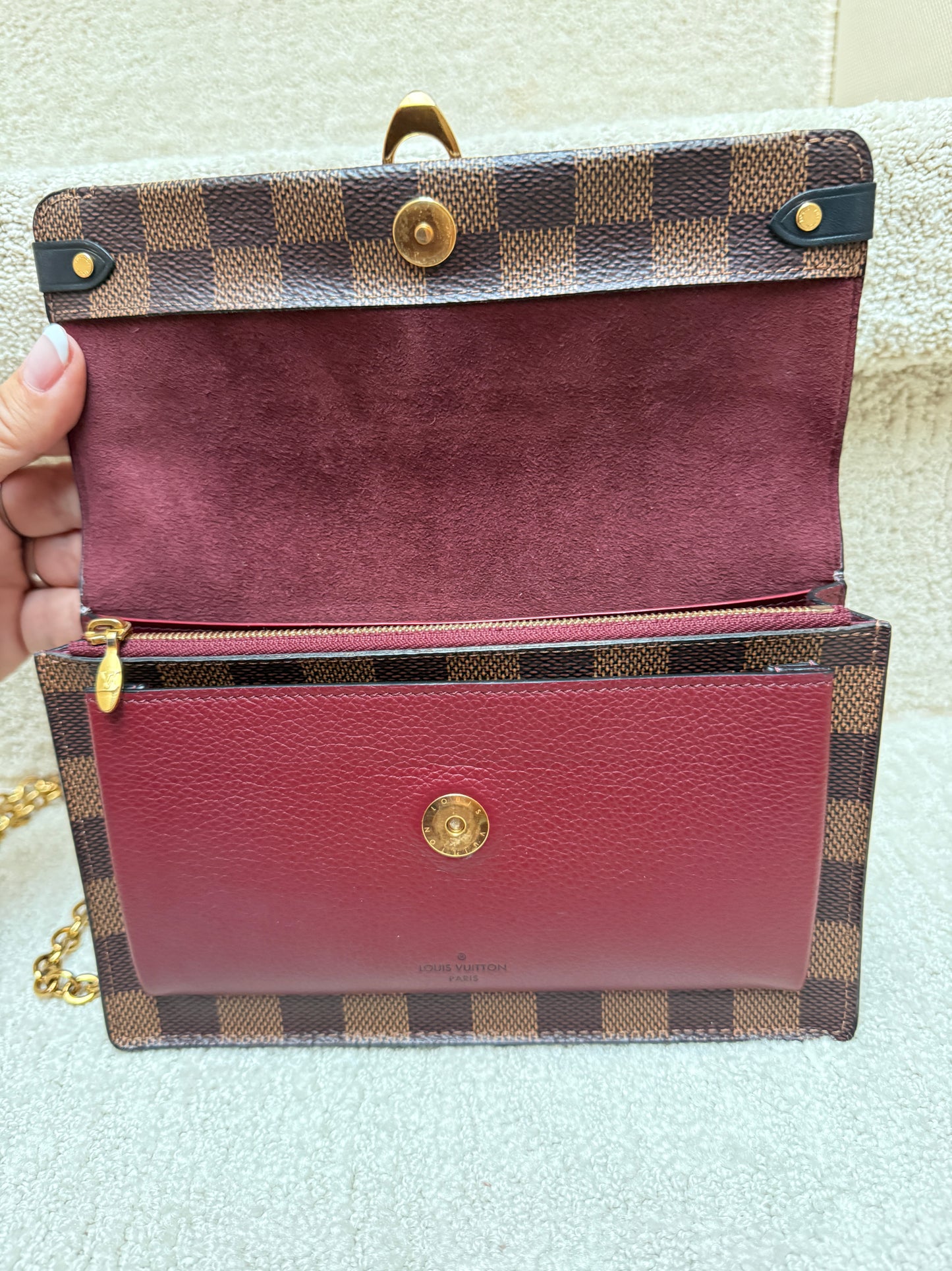 Louis Vuitton Damier Ebene Vavin Chain Wallet with Burgundy
