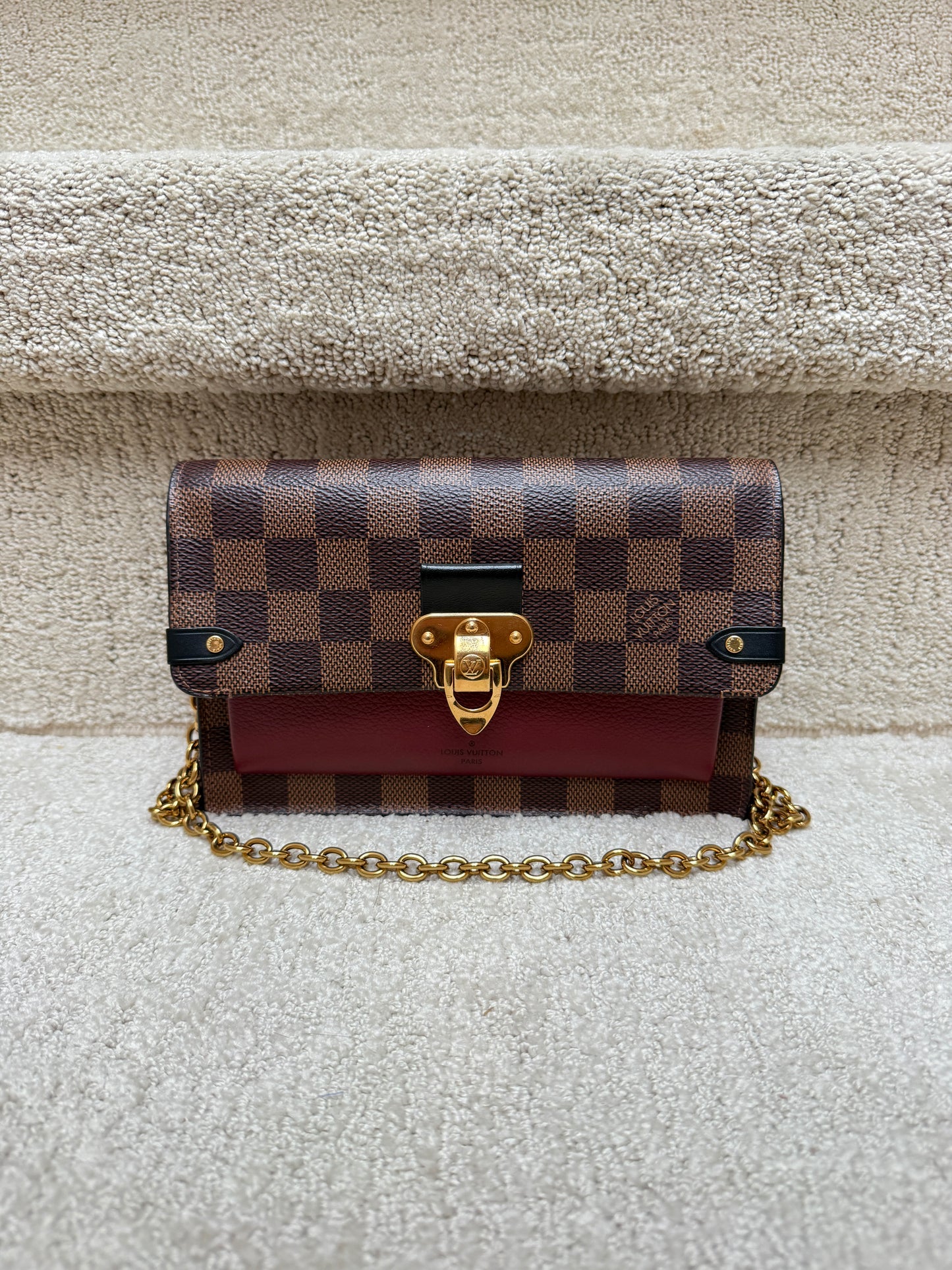 Louis Vuitton Damier Ebene Vavin Chain Wallet with Burgundy
