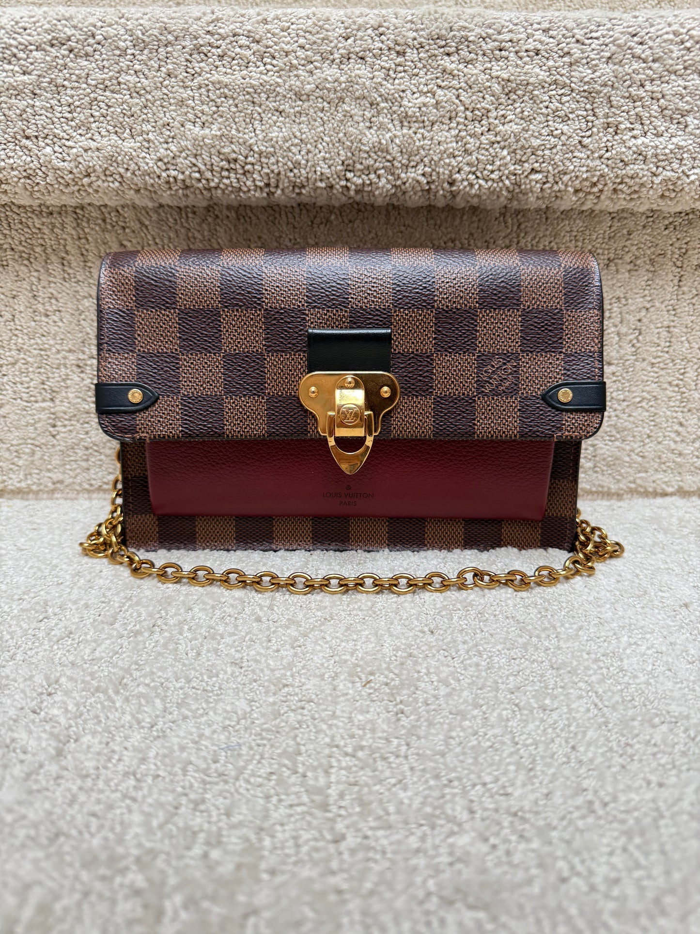 Louis Vuitton Damier Ebene Vavin Chain Wallet with Burgundy