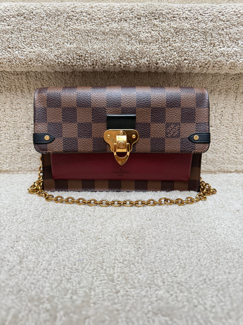 Louis Vuitton Damier Ebene Vavin Chain Wallet with Burgundy