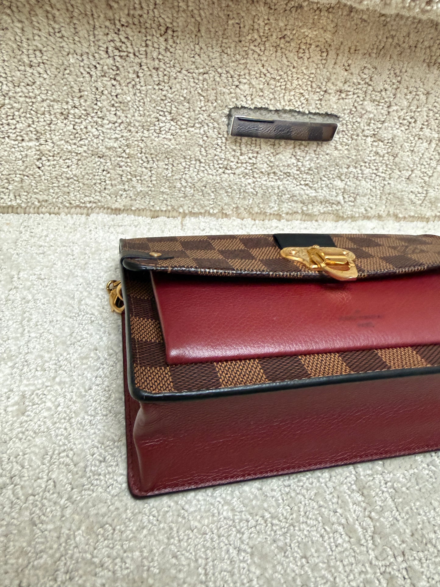 Louis Vuitton Damier Ebene Vavin Chain Wallet with Burgundy