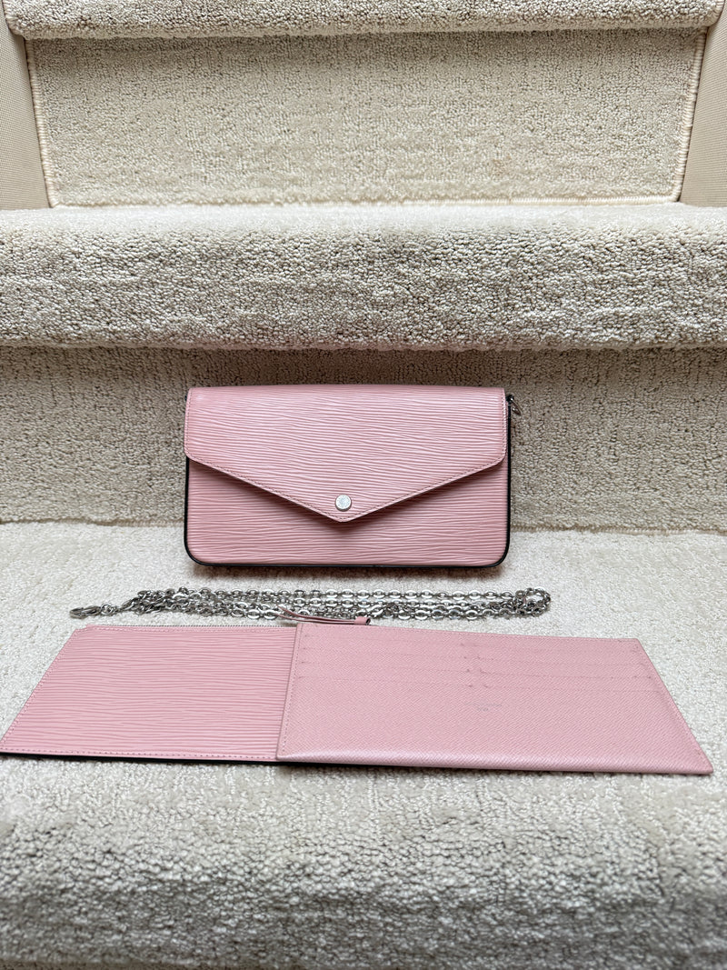 Louis Vuitton pochette felicie pink epi leather with a silver chain and 2 inserts