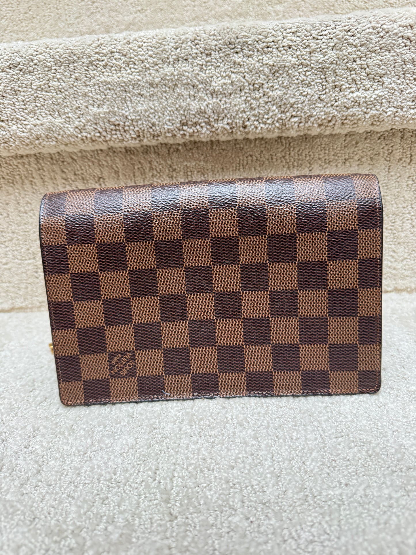 Louis Vuitton Damier Ebene Vavin Chain Wallet with Burgundy