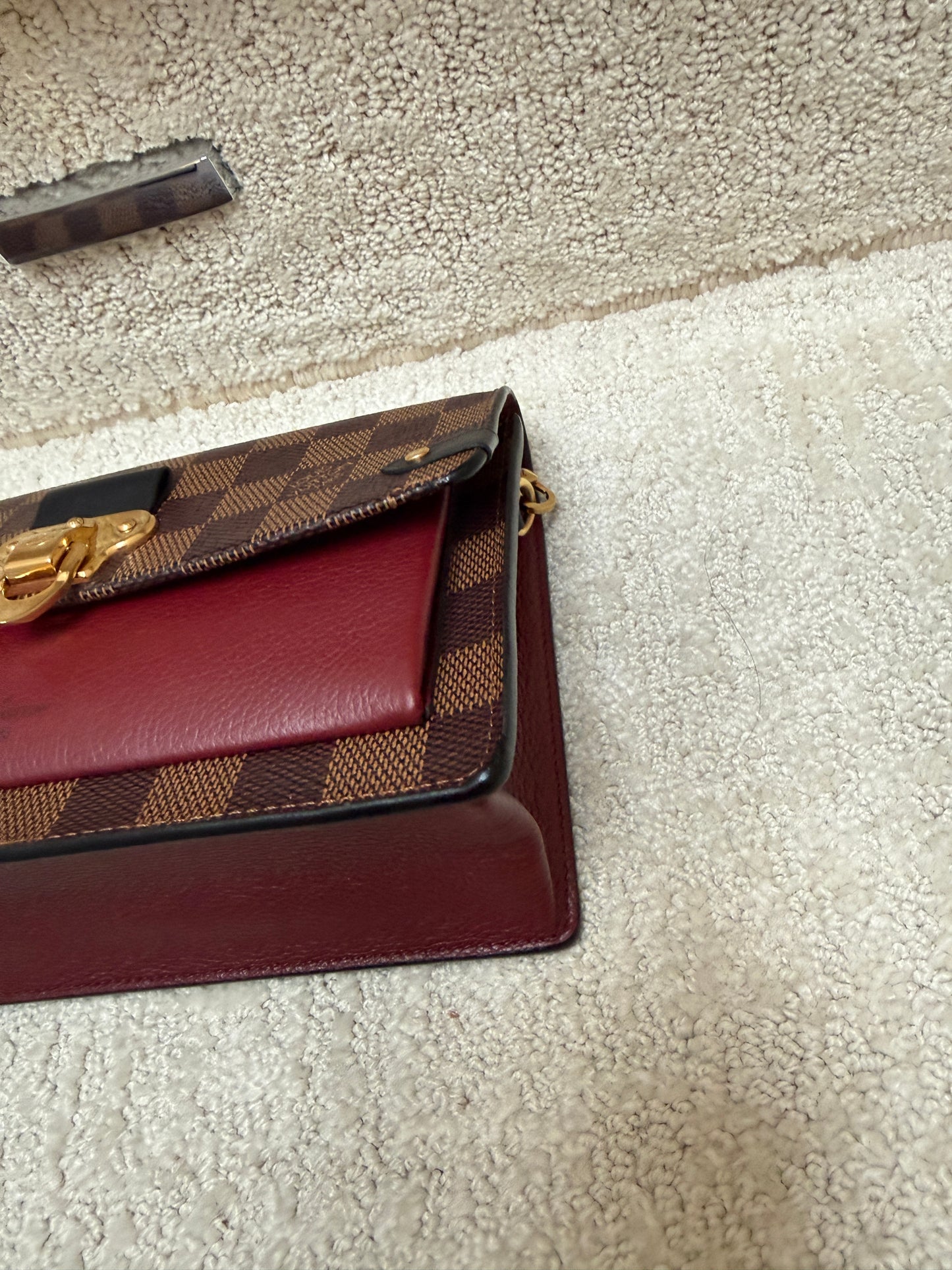Louis Vuitton Damier Ebene Vavin Chain Wallet with Burgundy