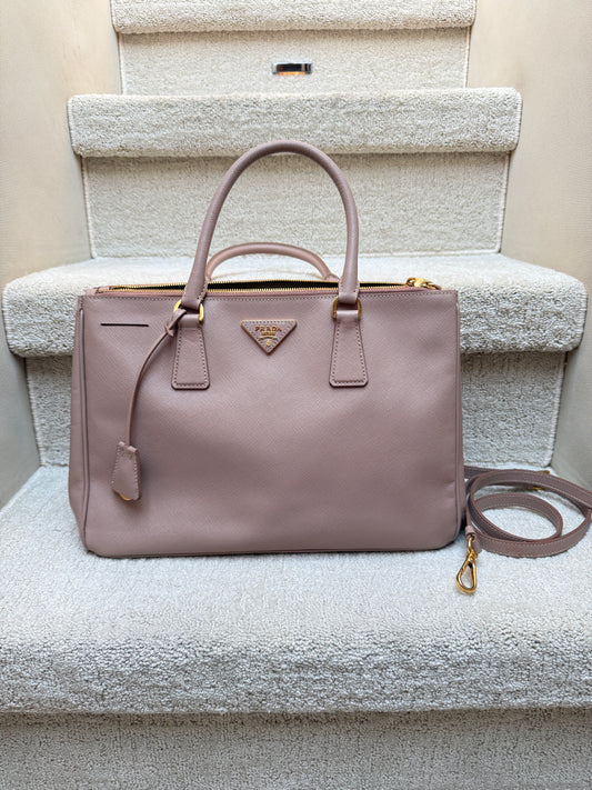 Prada Galleria Large size tote in taupe saffiano leather authentic resale purseonalshopper