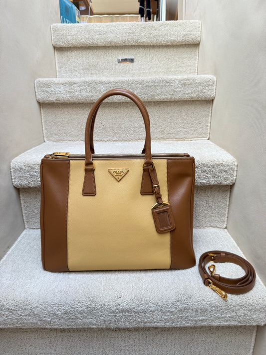 Prada Saffiano Lux Leather Galleria Bi-Color Double Zip Tote in size Medium