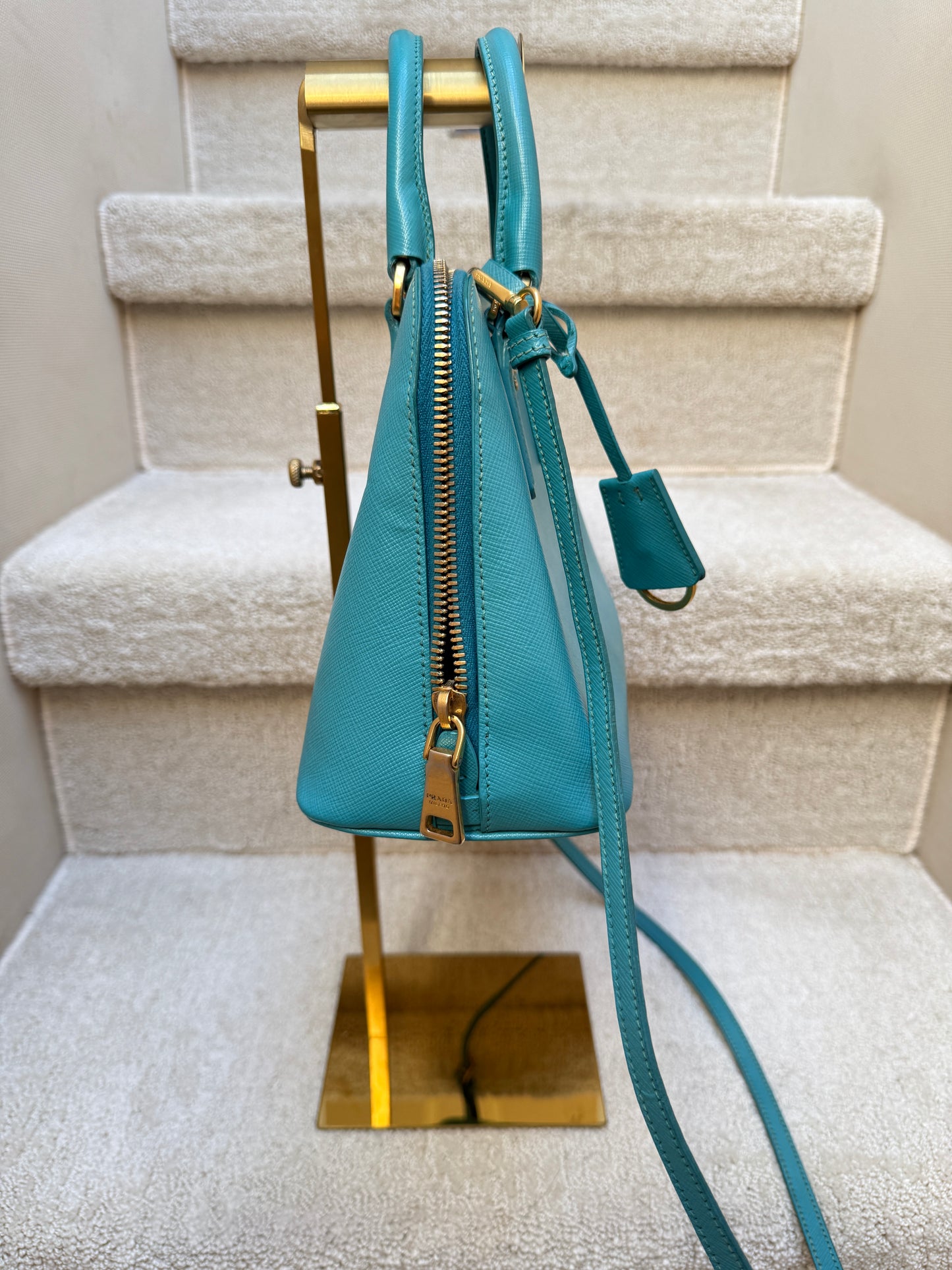 Prada Saffiano Lux Small Promenade Dome Tote in Turquoise Blue