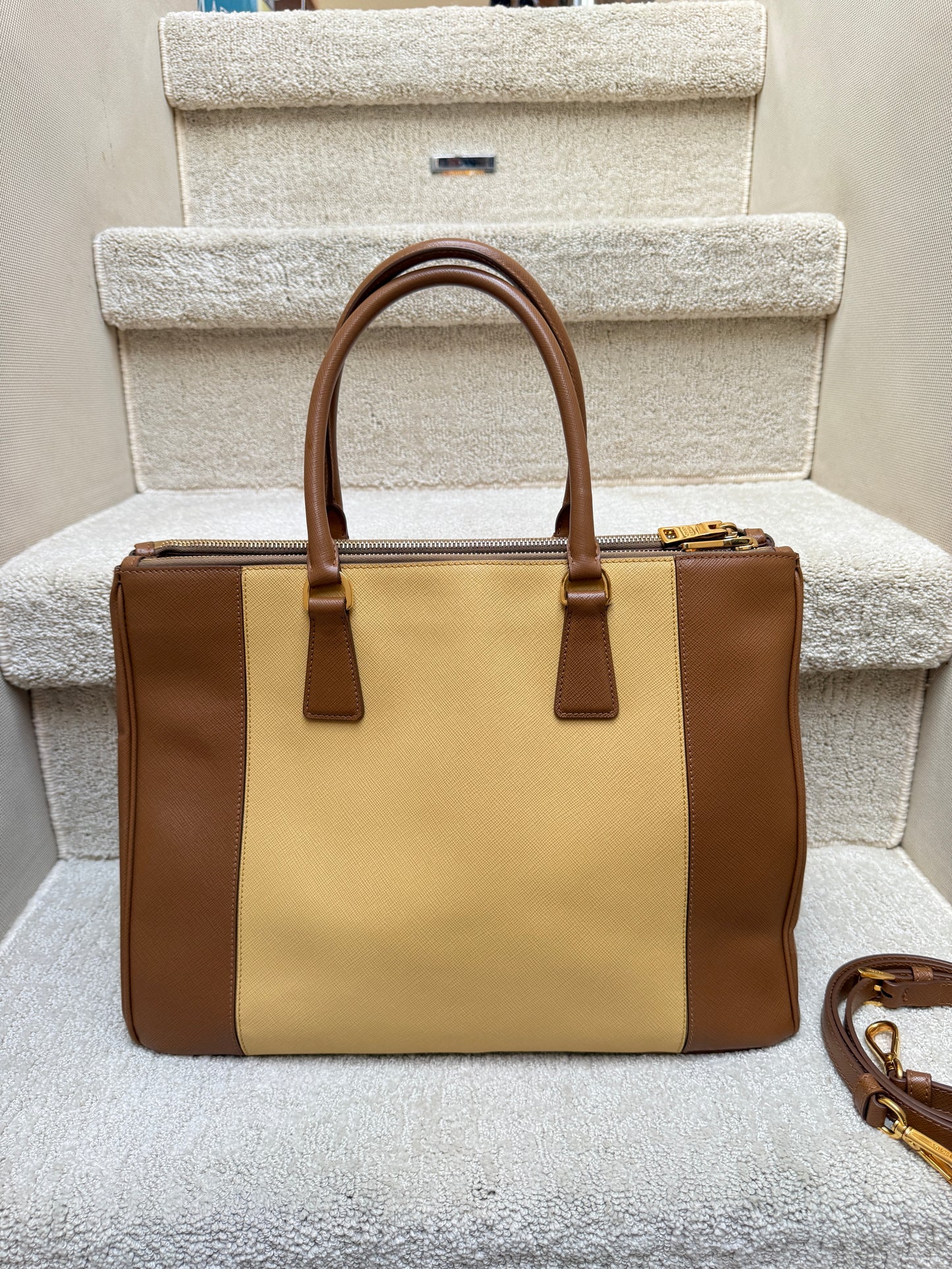 Prada Saffiano Lux Leather Galleria BiColor Double Zip Tote in size Medium