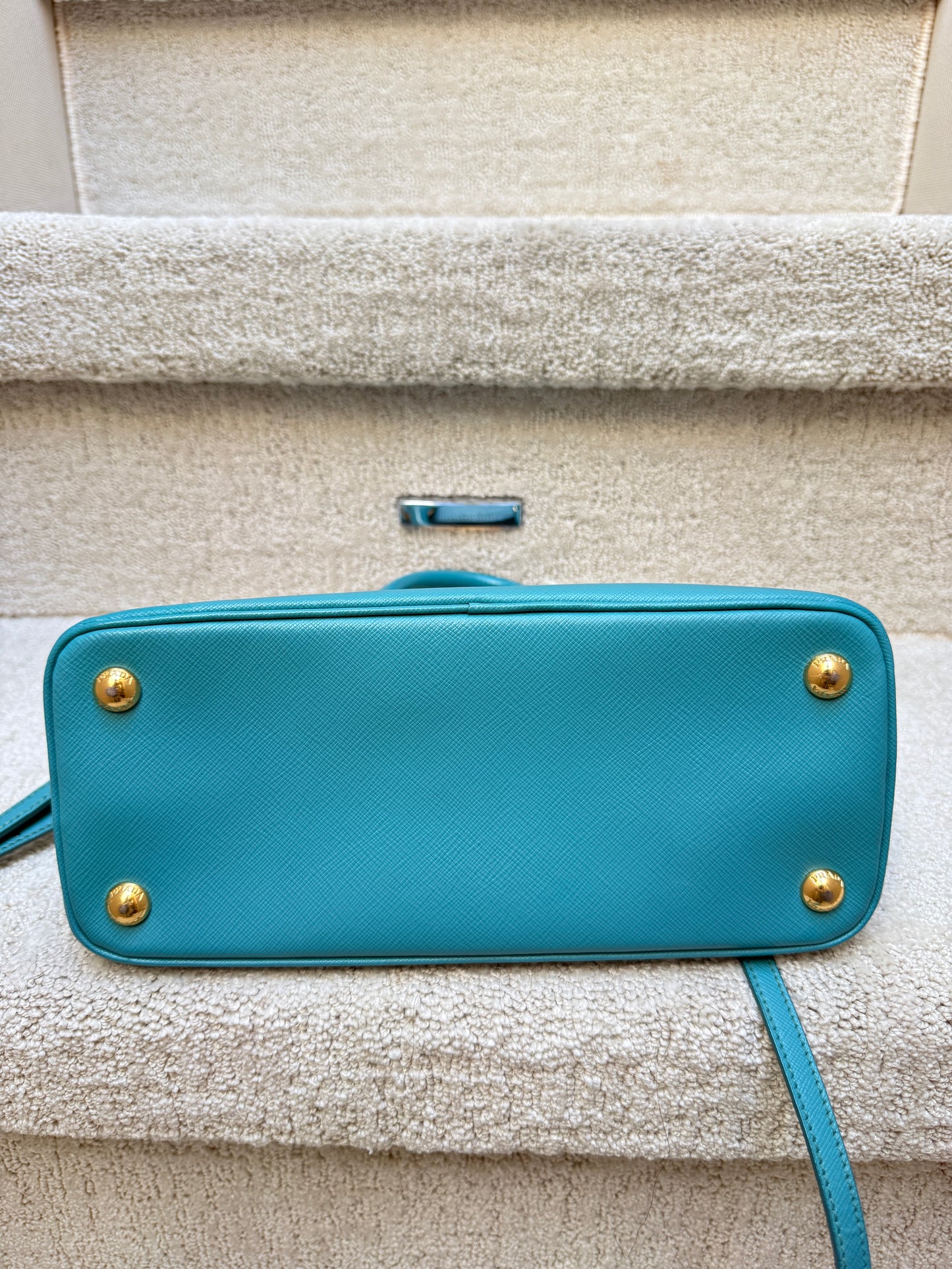 Prada Saffiano Lux Small Promenade Dome Tote in Turquoise Blue