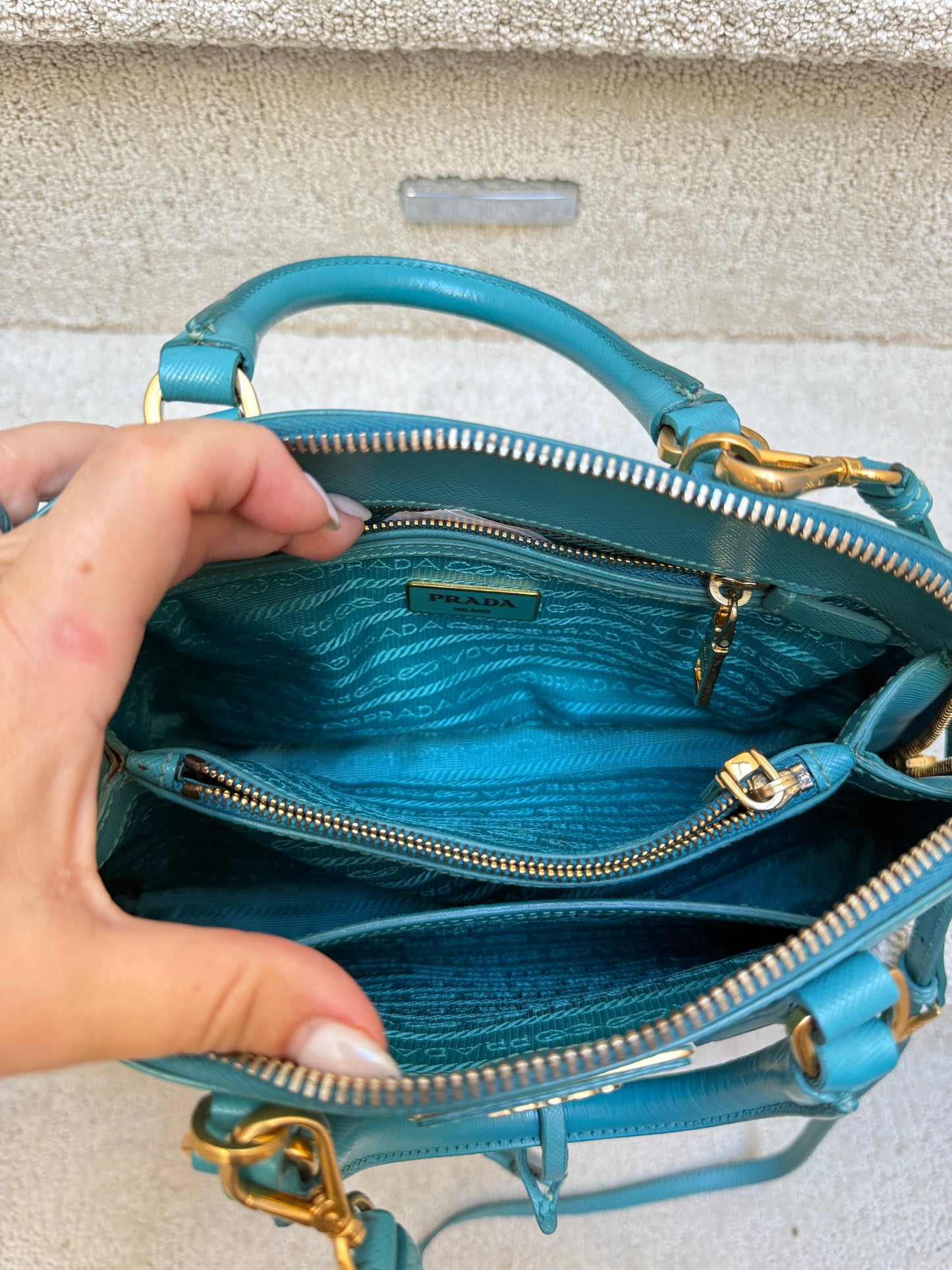Prada Saffiano Lux Small Promenade Dome Tote in Turquoise Blue