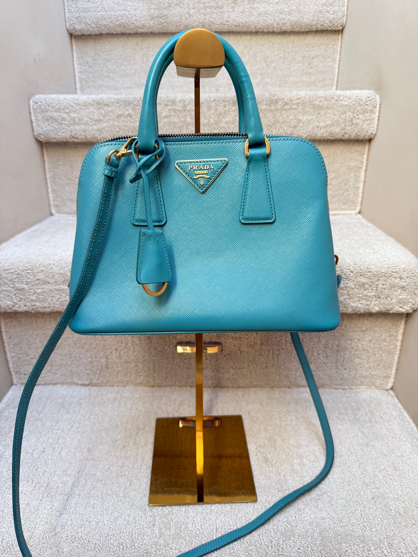 Prada Saffiano Lux Small Promenade Dome Tote in Turquoise Blue