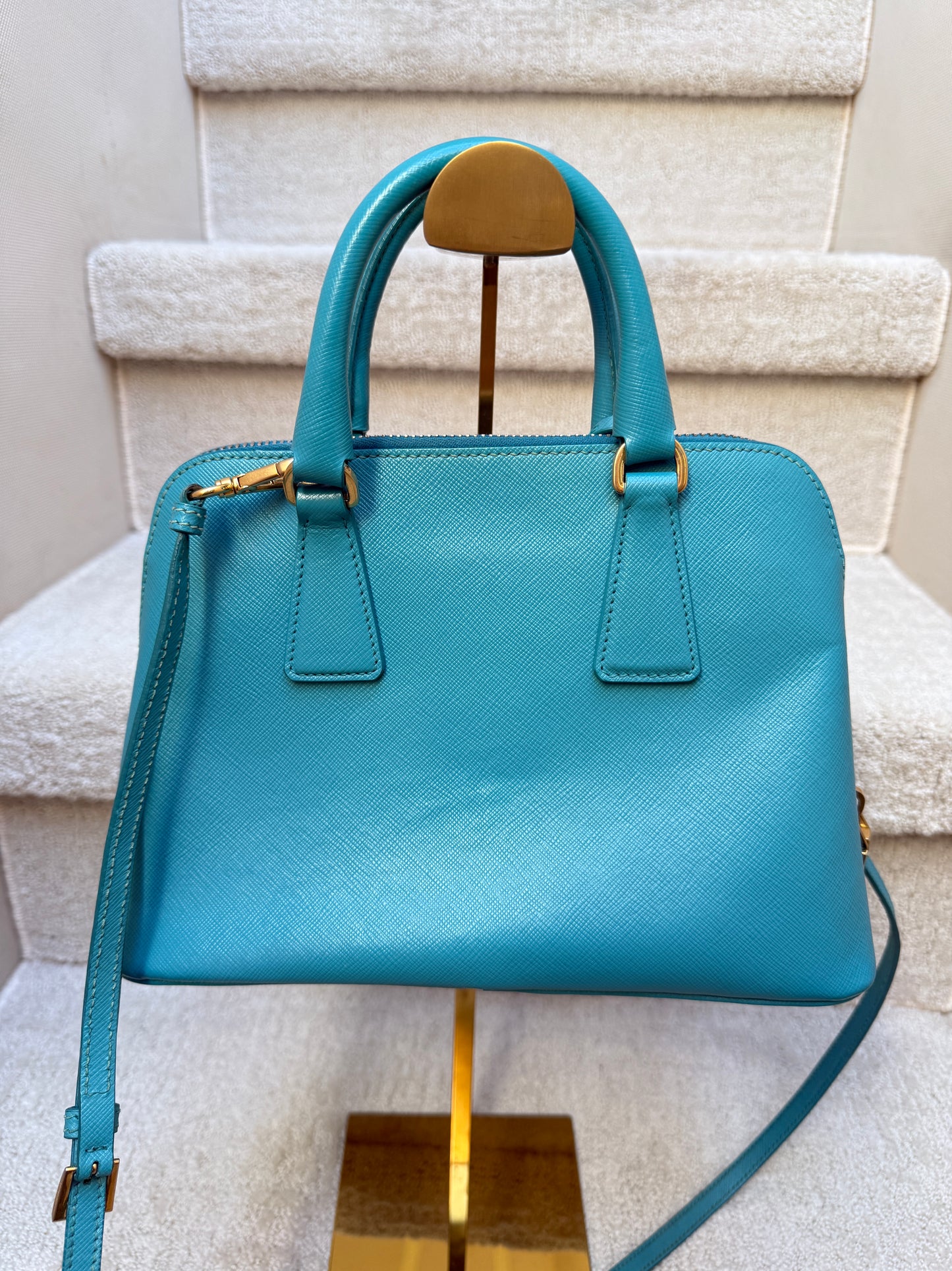 Prada Saffiano Lux Small Promenade Dome Tote in Turquoise Blue