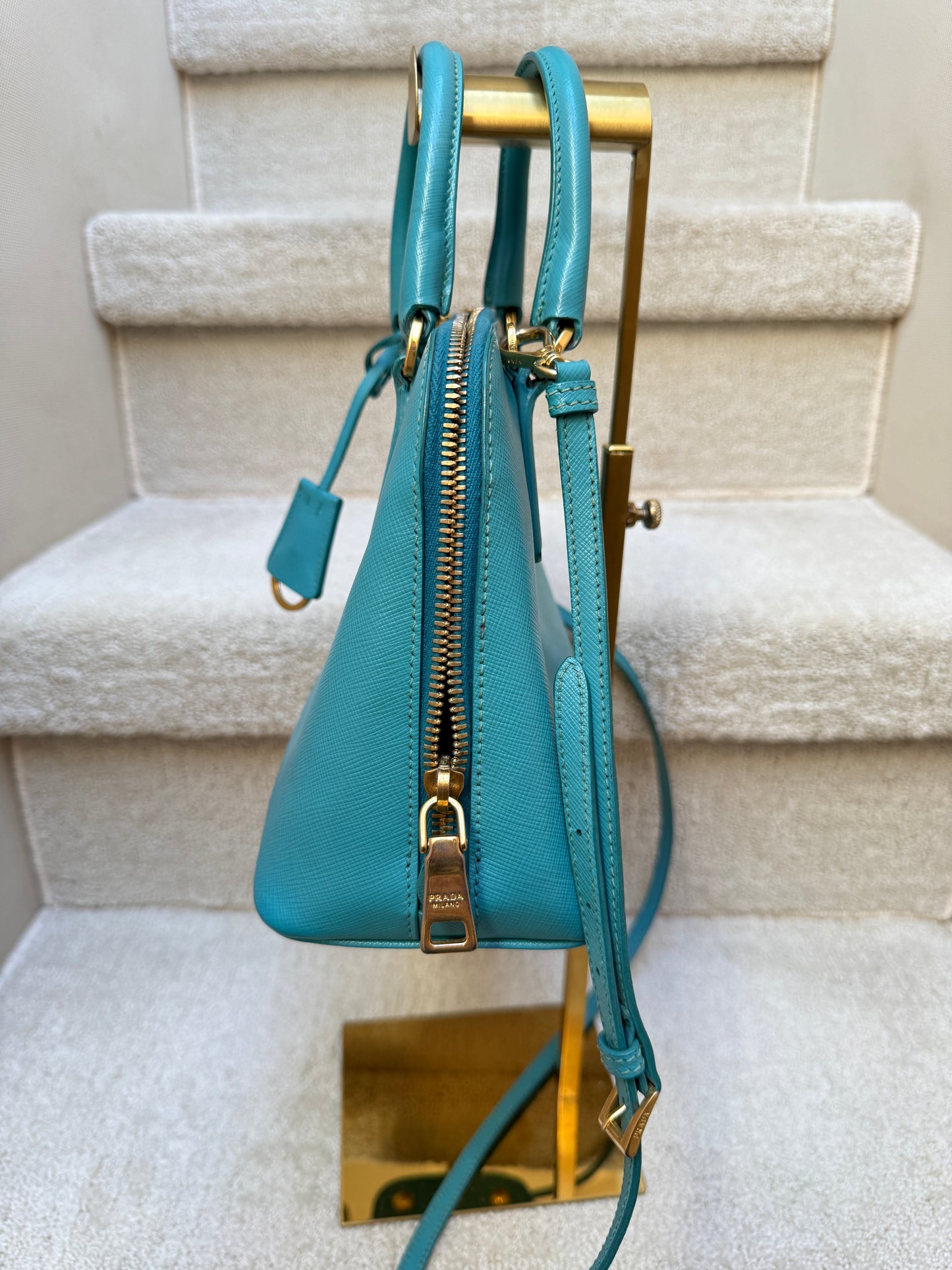 Prada Saffiano Lux Small Promenade Dome Tote in Turquoise Blue
